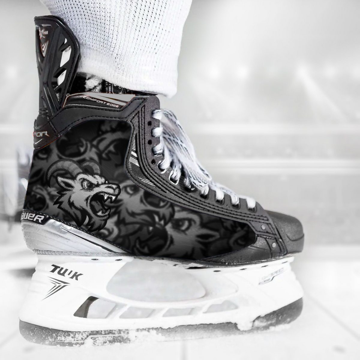 Black Goat skate skin on a Bauer hockey skate