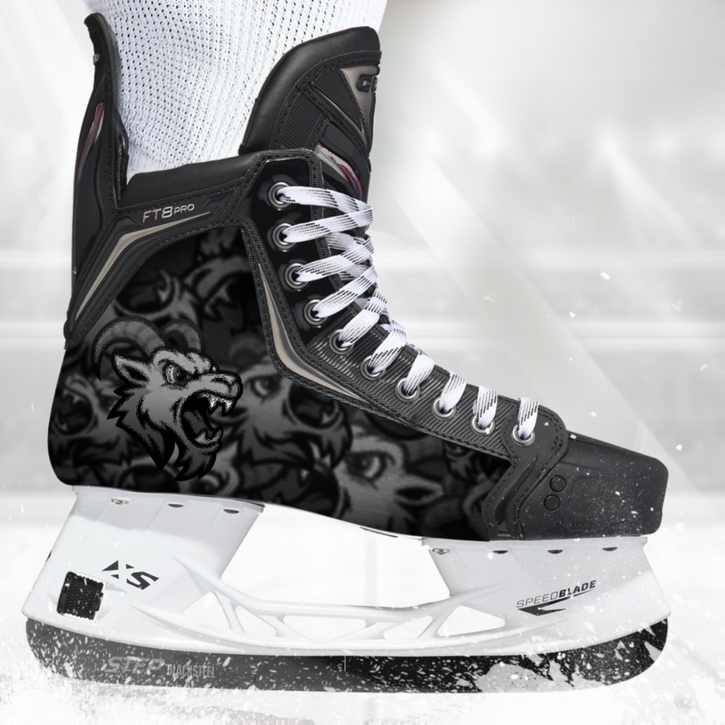 Black Goat skate skin on a CCM hockey skate