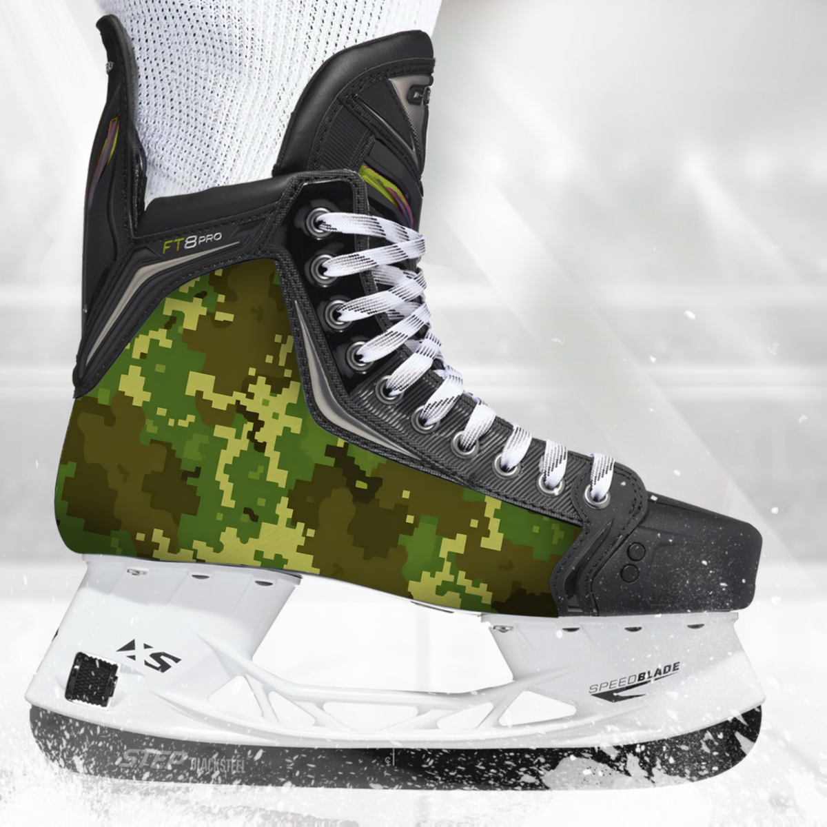 Camo skate skin on a CCM hockey skate