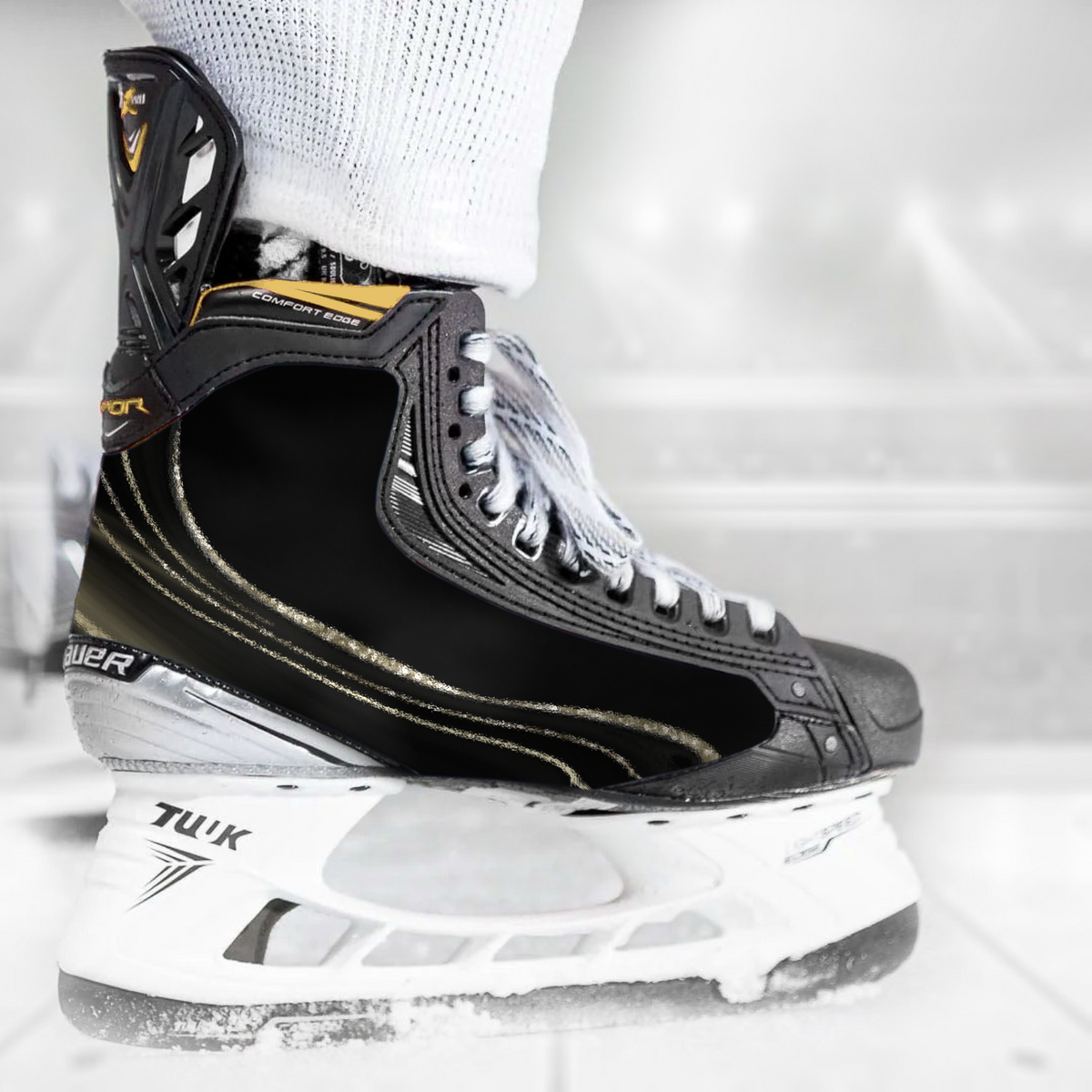 Dark Goldish skate skin on a Bauer hockey skate
