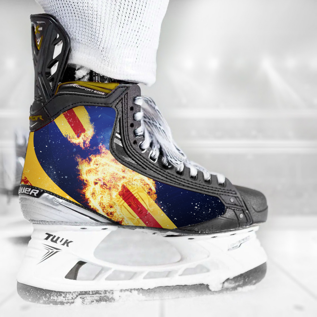Djurgården skate skin on a Bauer hockey skate