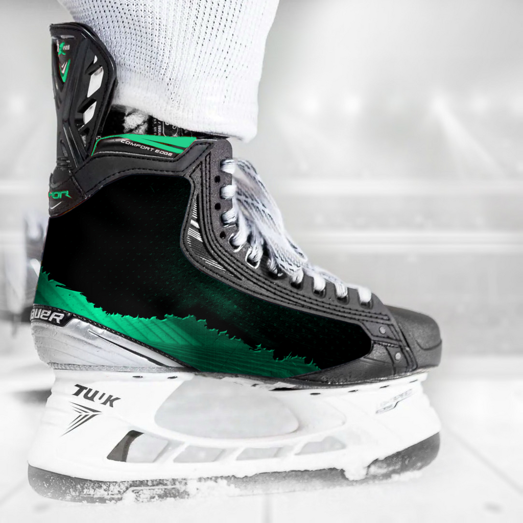 Green Mode skate skin on a Bauer hockey skate