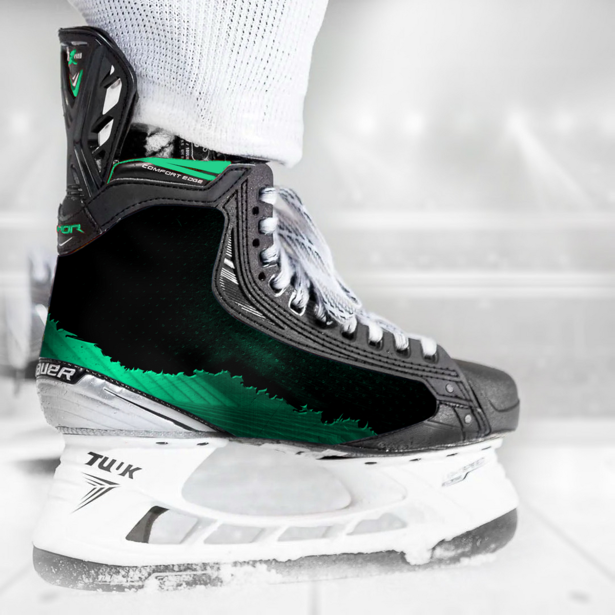 Green Mode skate skin on a Bauer hockey skate