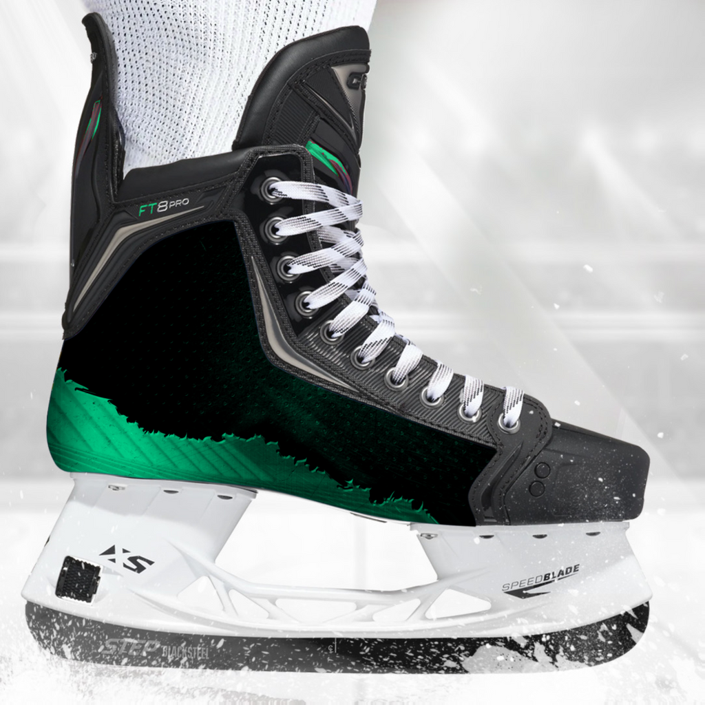 Green Mode skate skin on a CCM hockey skate