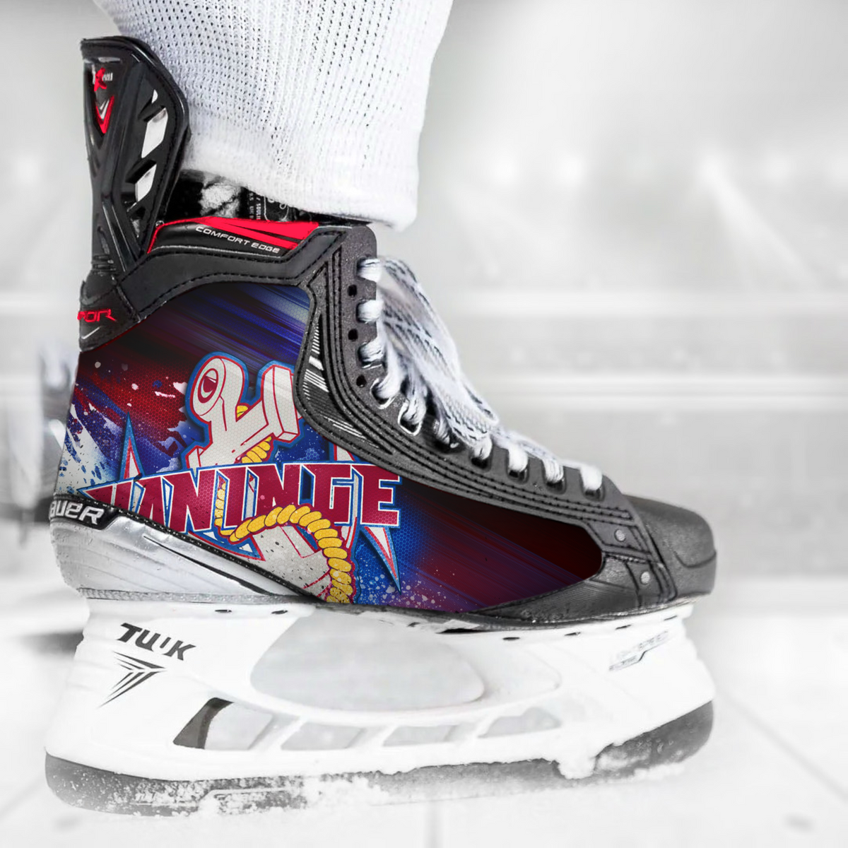 Haninge Anchors skate skin on a Bauer hockey skate