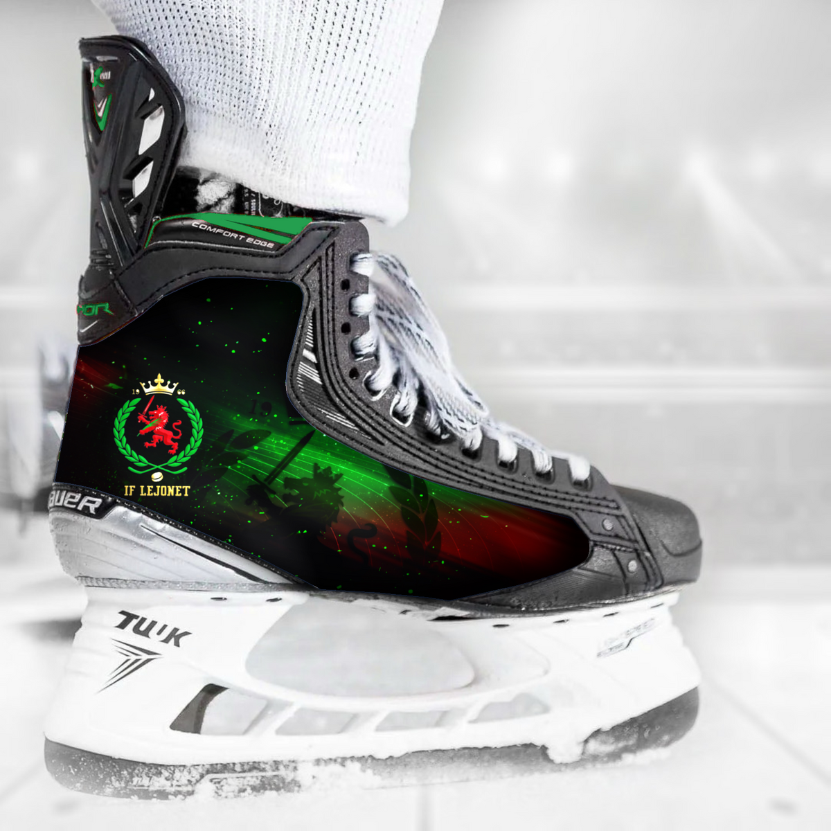 IF Lejonet skate skin on a Bauer hockey skate
