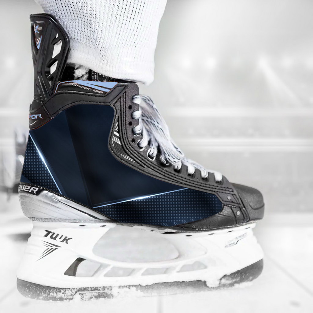 Navy Silver skate skin on a Bauer hockey skate