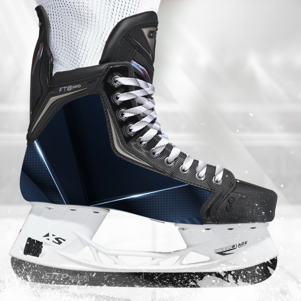 Navy Silver skate skin on a CCM hockey skate