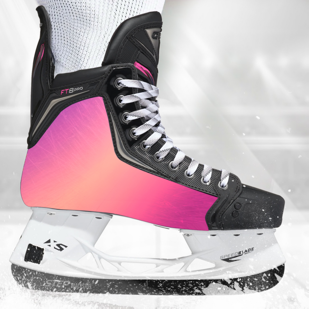 Pinkster skate skin on a CCM hockey skate