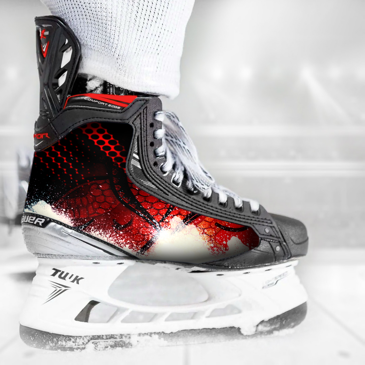 Red Splash skate skin on a Bauer hockey skate