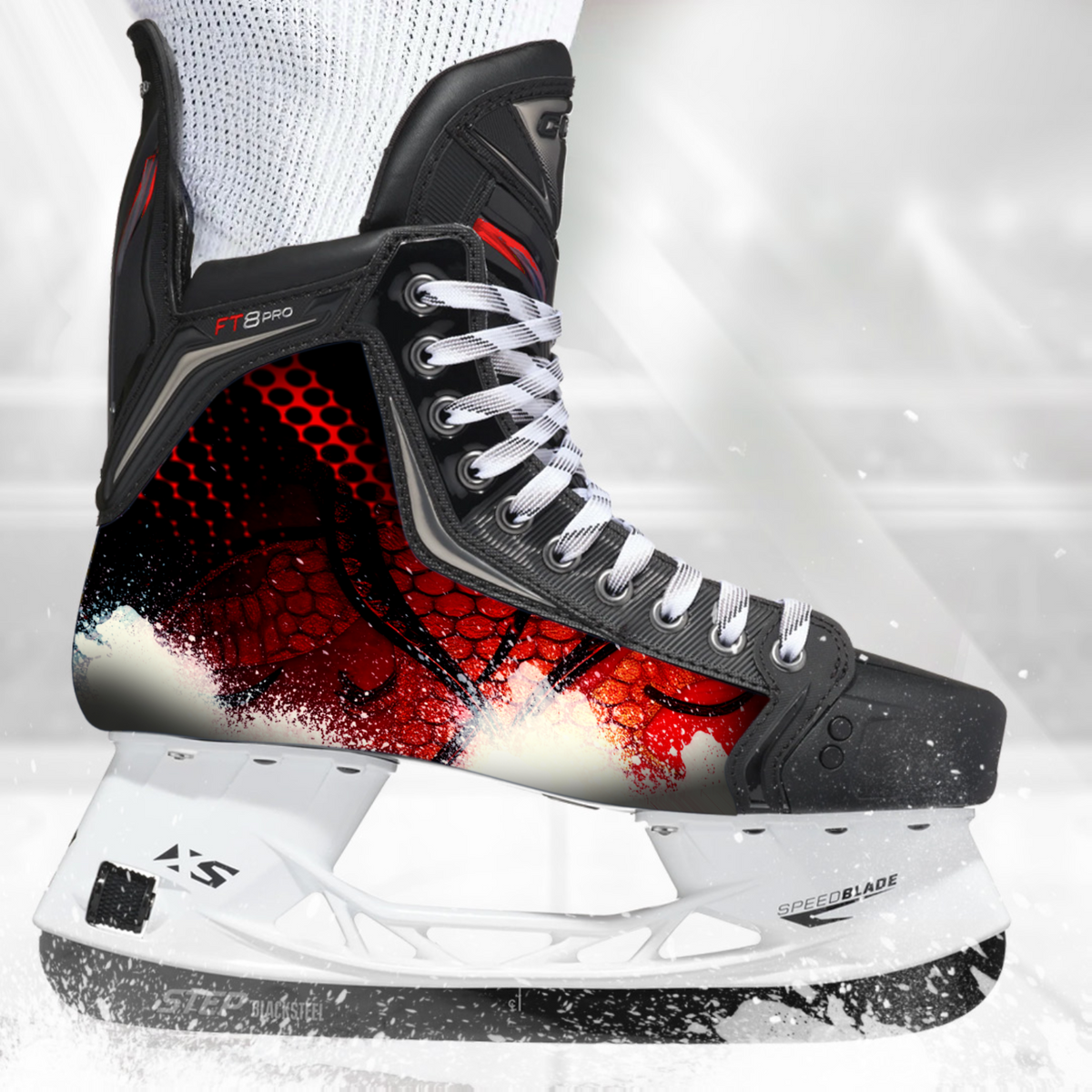 Red Splash skate skin on a CCM hockey skate