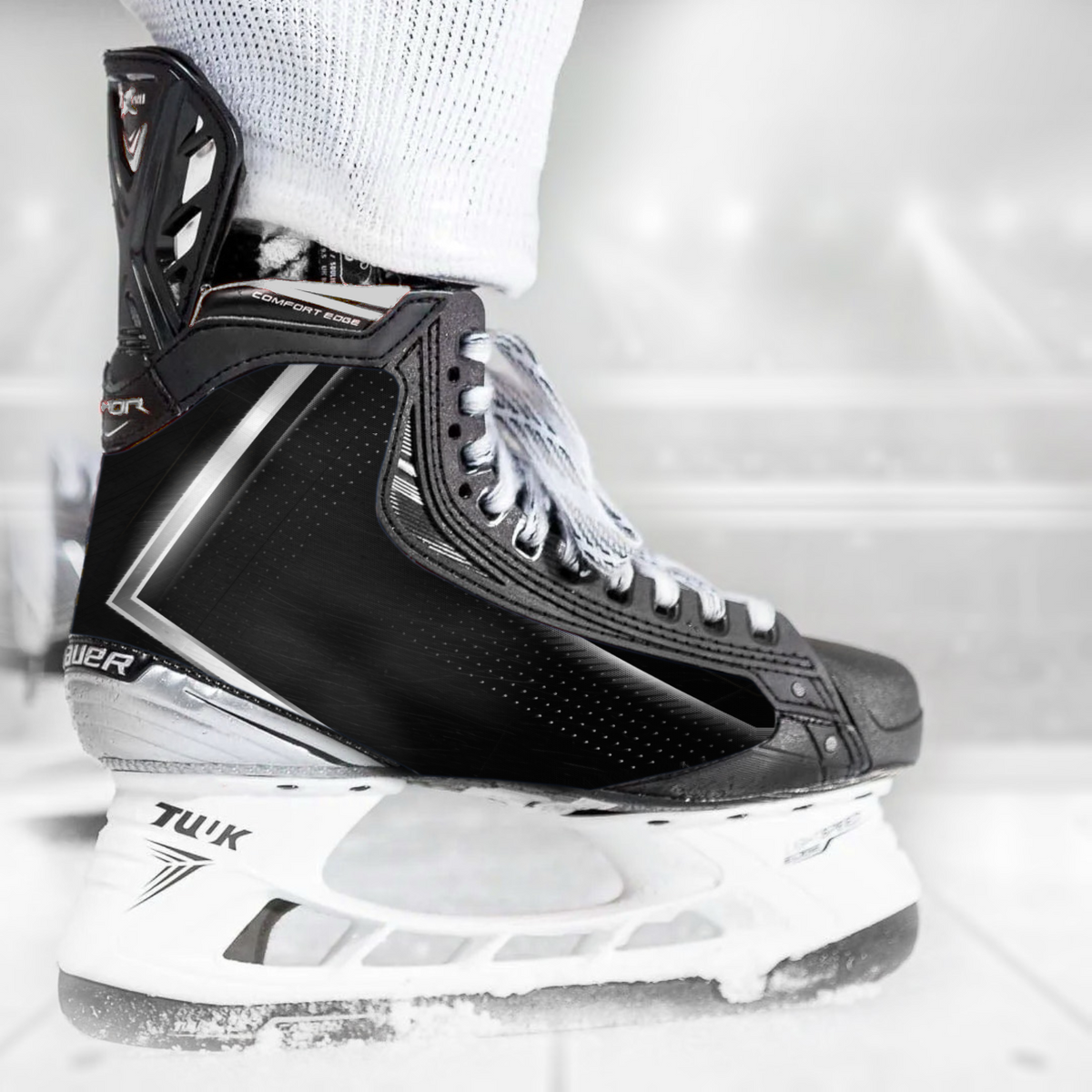 Silver on Black skate skin on a Bauer hockey skate