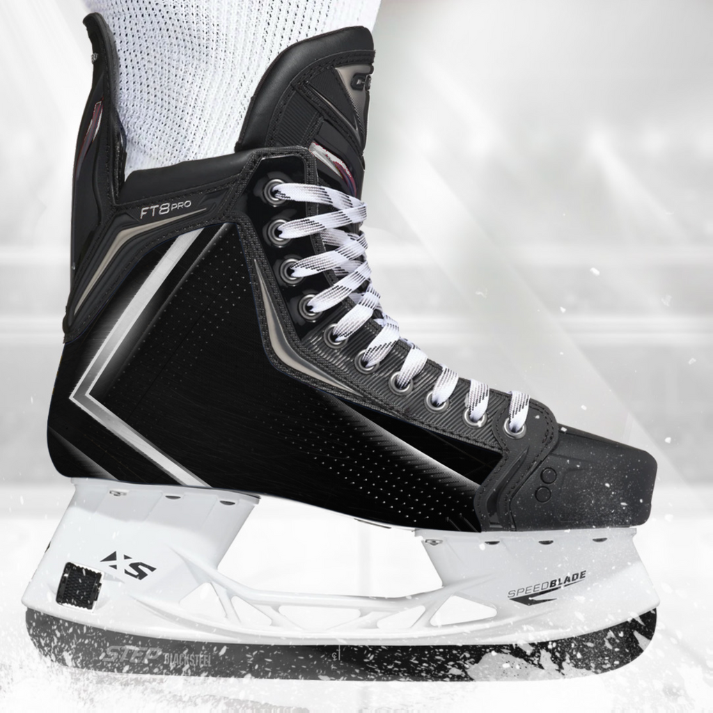 Silver on Black skate skin on a CCM hockey skate