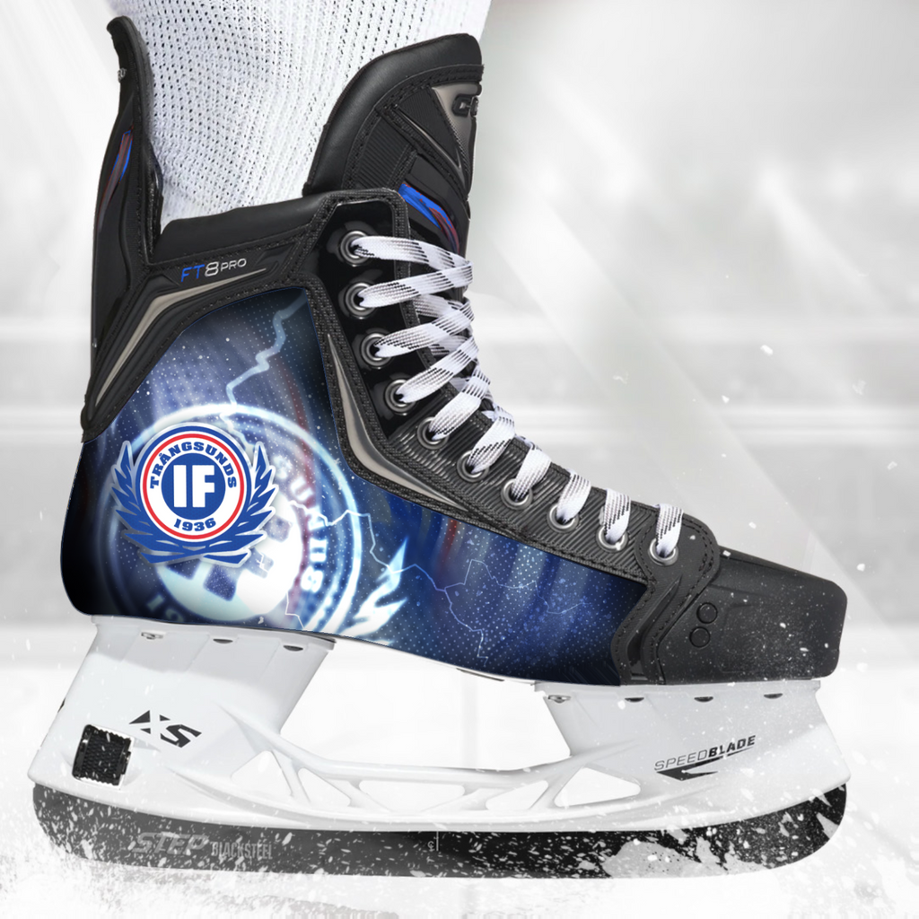 Trångsunds IF skate skin on a CCM hockey skate
