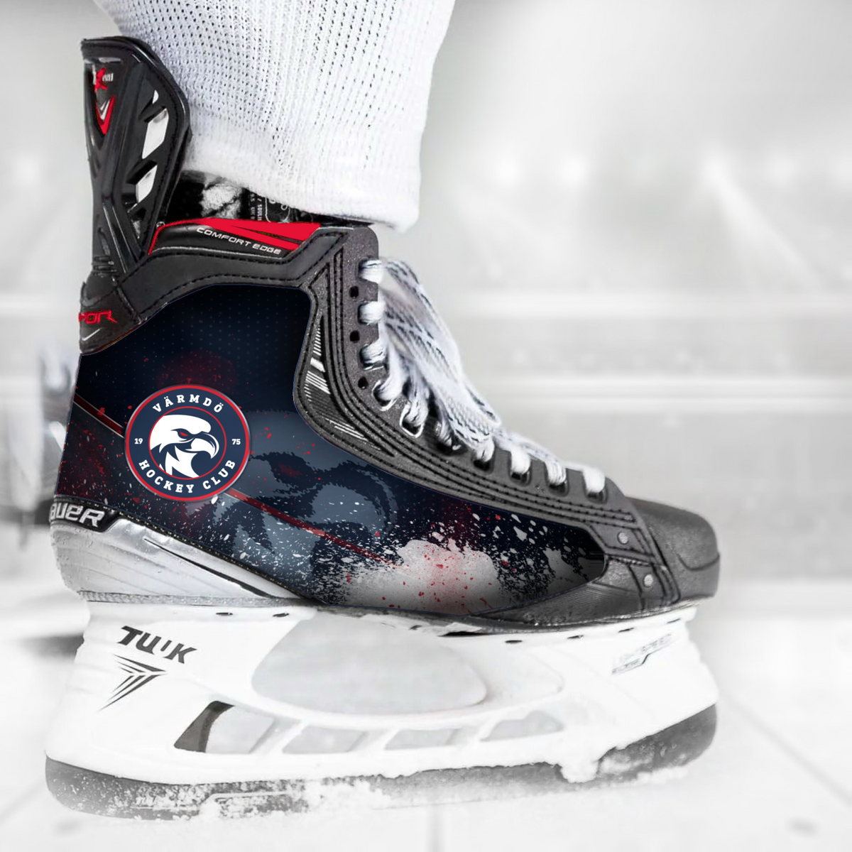 Värmdö Hockey skate skin on a Bauer hockey skate