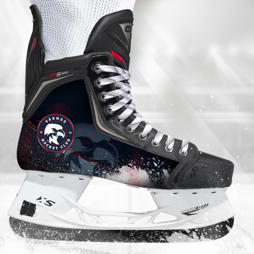 Värmdö Hockey skate skin on a CCM hockey skate