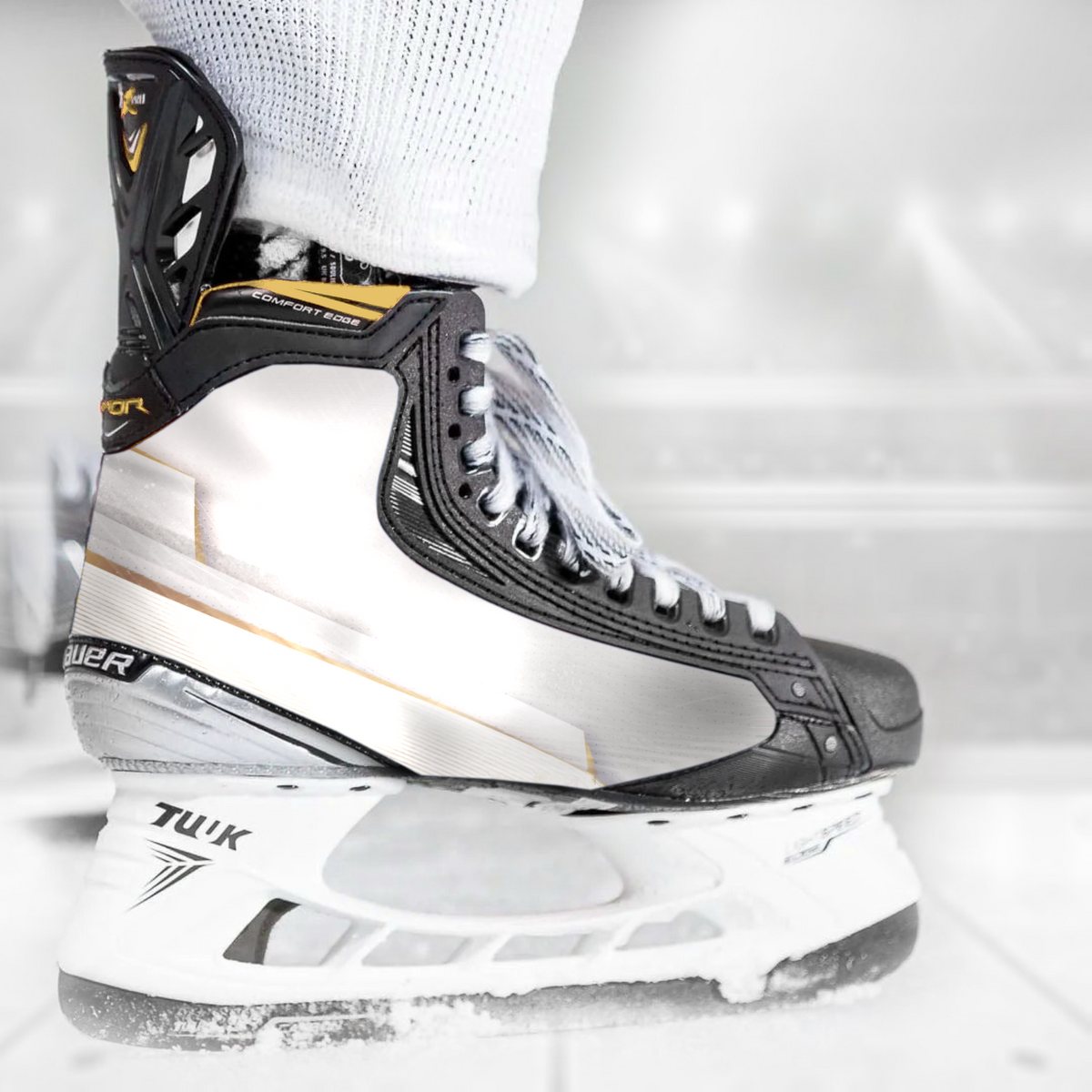White Gold skate skin on a Bauer hockey skate