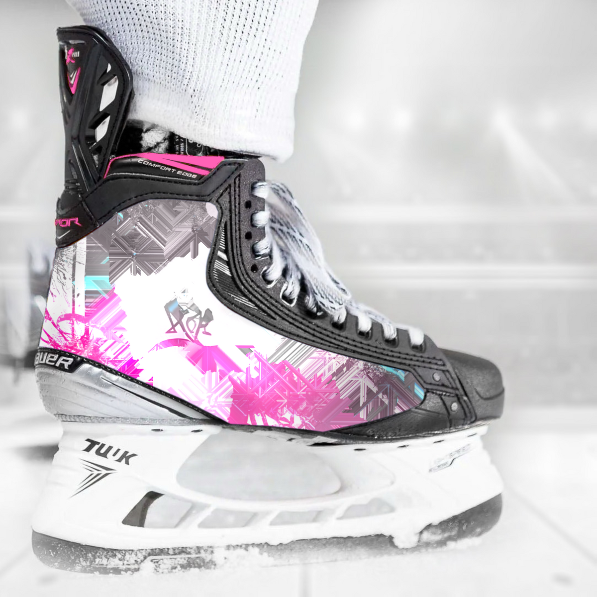White Pinky skate skin on a Bauer hockey skate