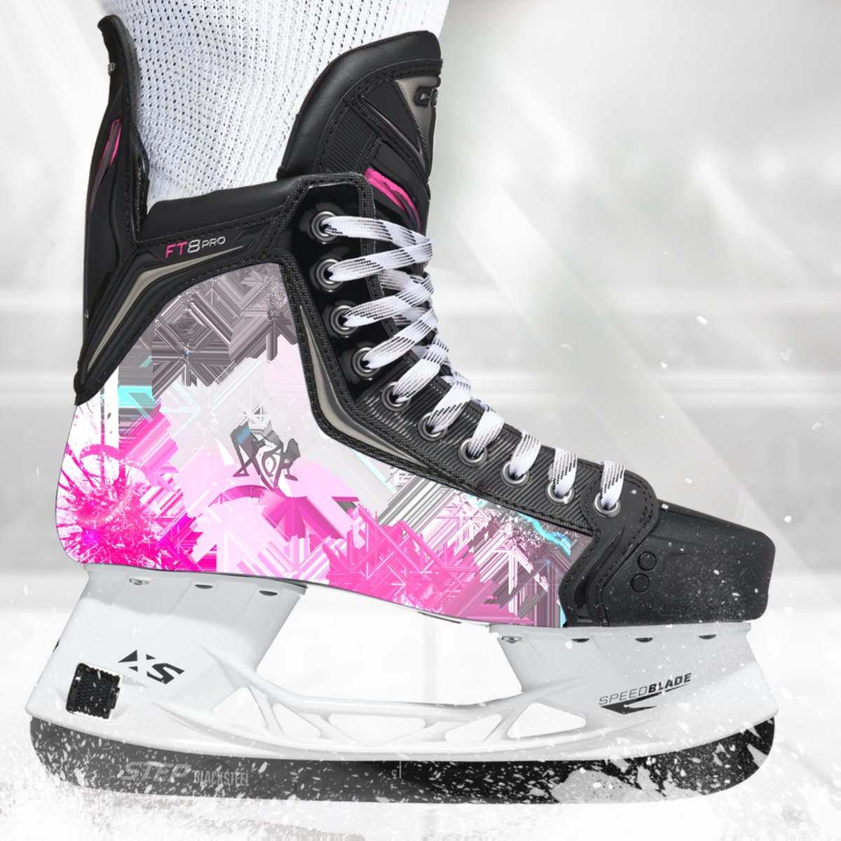 White Pinky skate skin on a CCM hockey skate